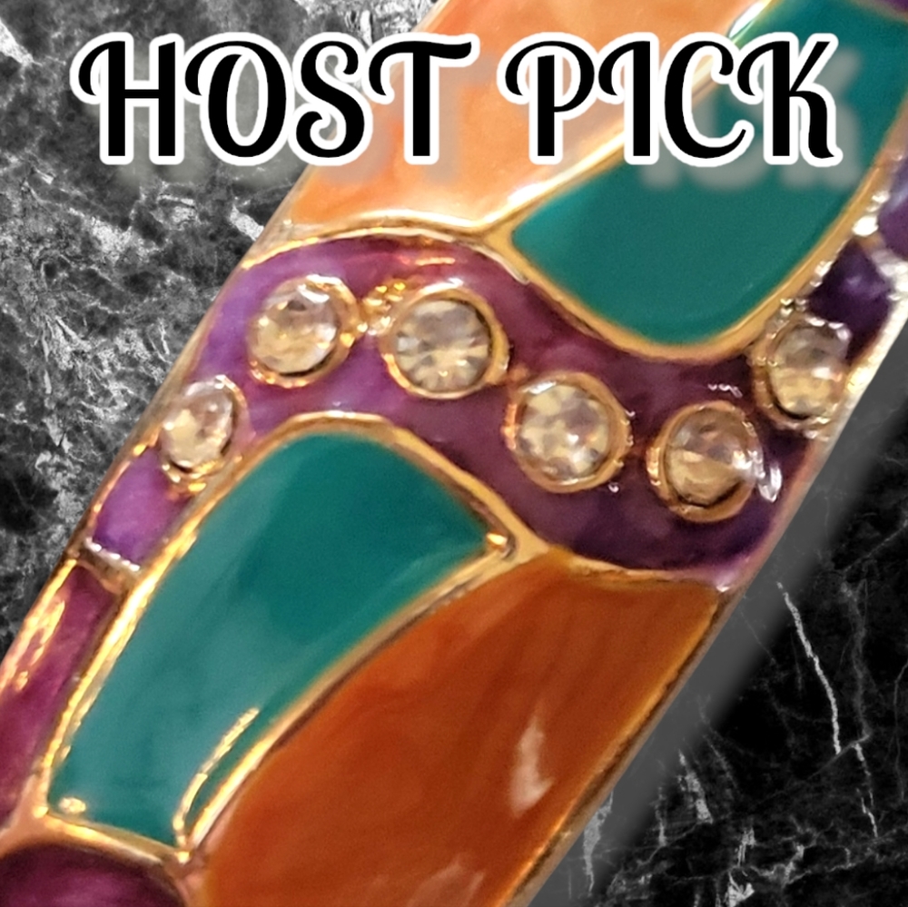 Vtg Enamel Metal Hinged Bangle Bracelet Gem Gold Turquoise Purple Orange